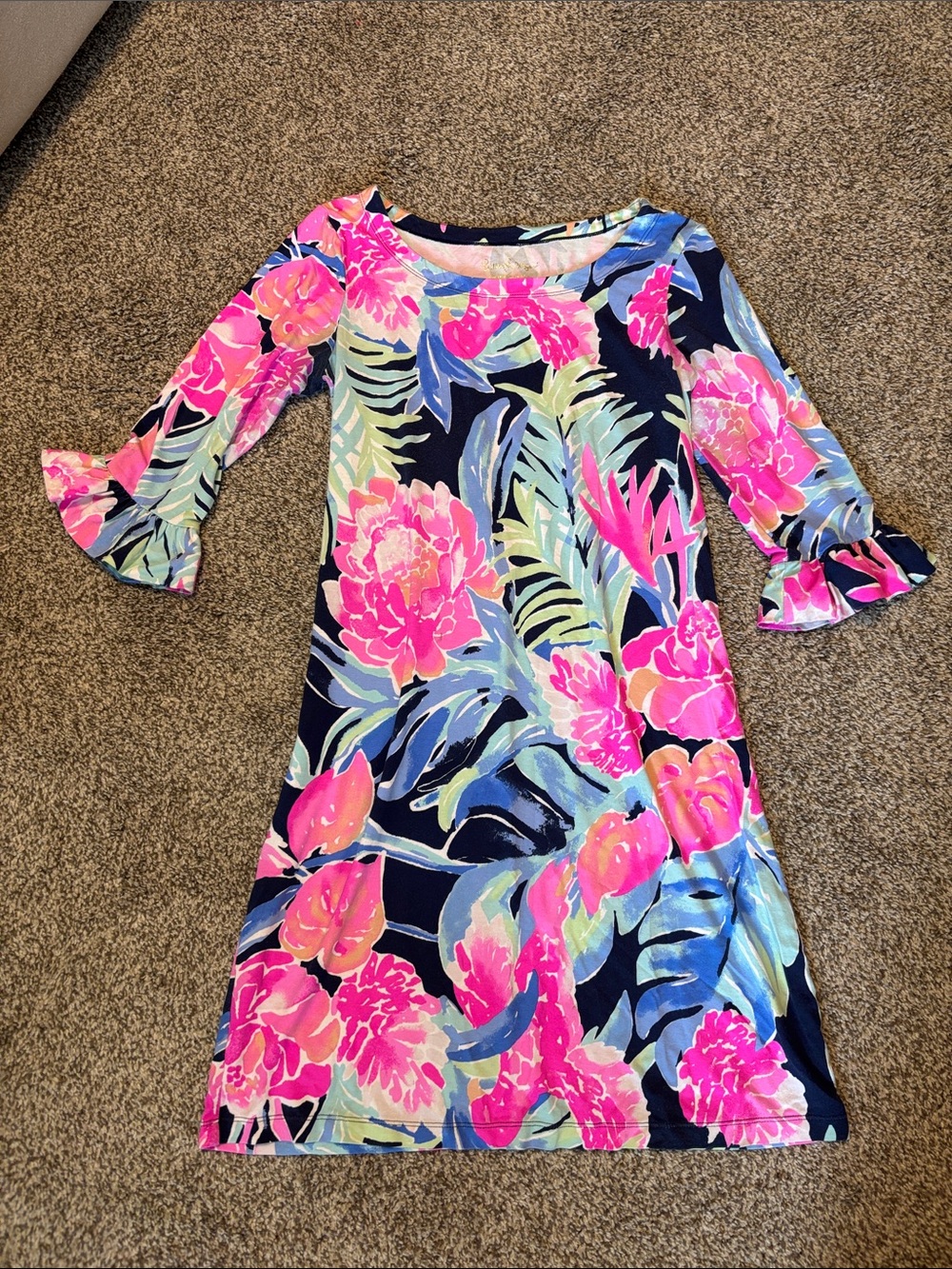 Lilly Pulitzer Navy Floral Shift Dress with Pink Bloom Print